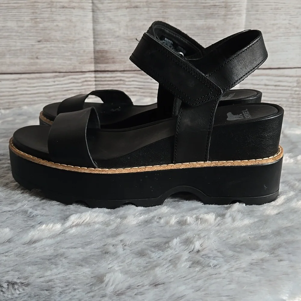 Sorel Black/Tan Platform Sandals, Womens 9 - Picture 4 of 12